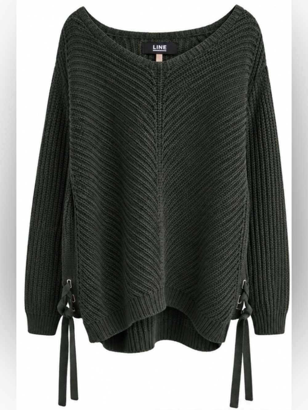 Off-the-Shoulder Olive Green Ribbed Knit Sweater with Side Ties - 80% OFF MSRP!!